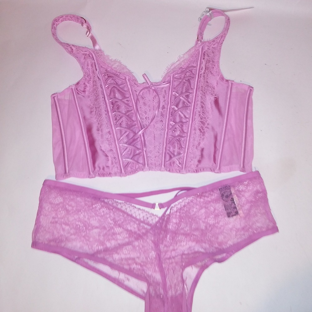 Victoria Secret Bra Set Bustier & Panty Large Pinkish Purple Lace Boned Cheeky